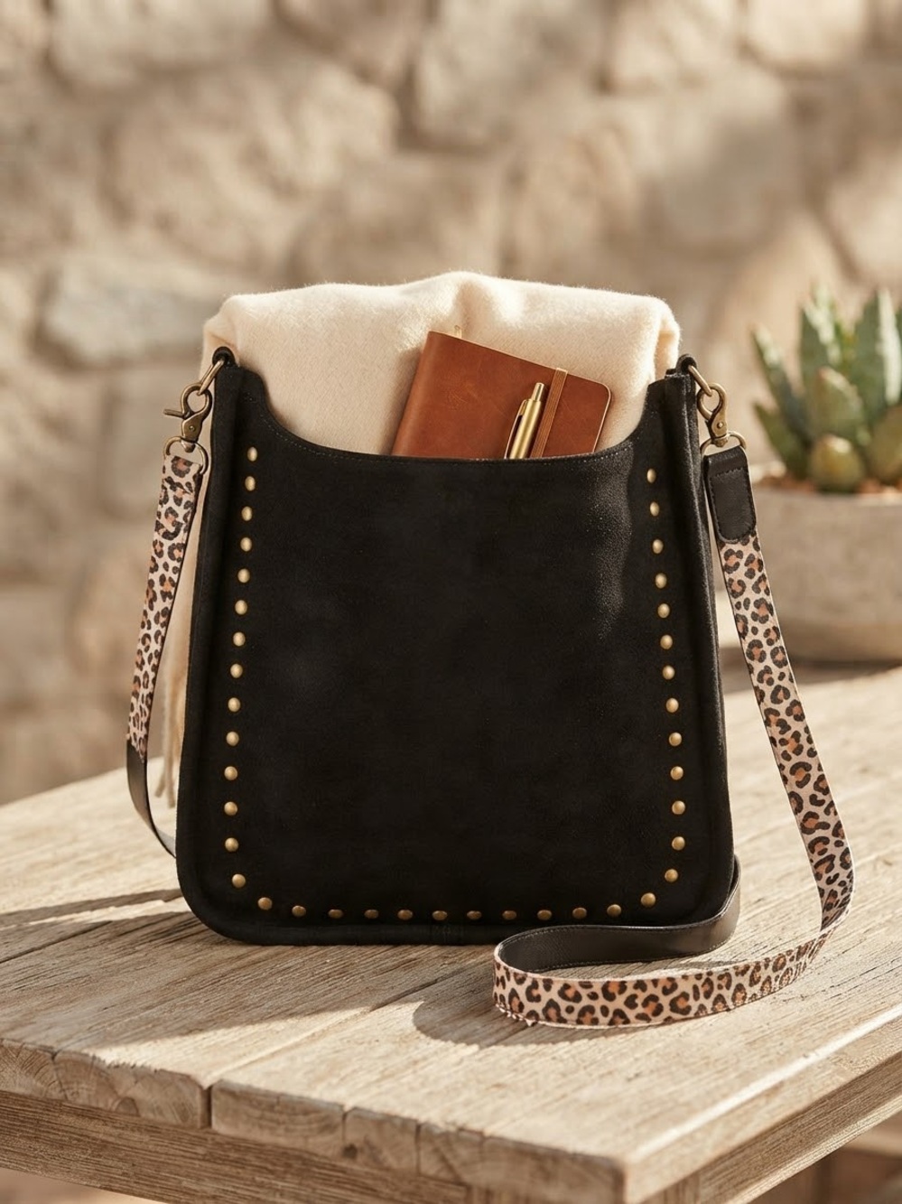 Ahdorned Black Micro Suede Studded Messenger Crossbody Bag Interchangeable Strap